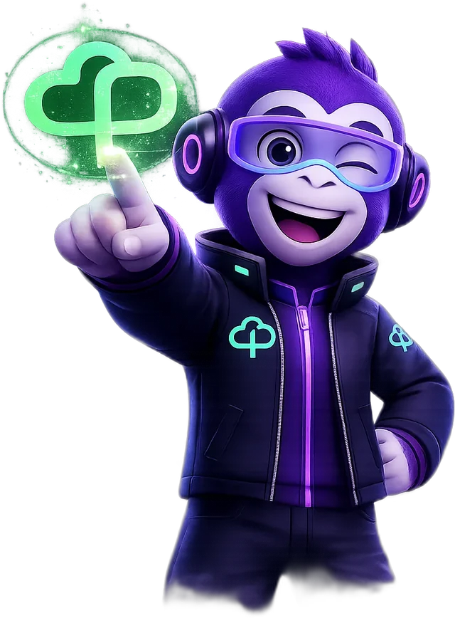 Mascote da Primatech apresentando os serviços